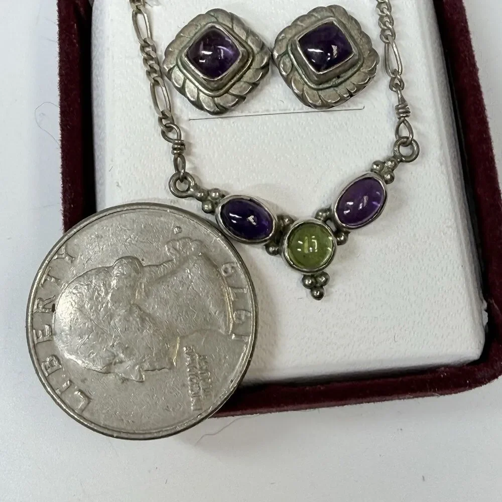 Sterling Silver Amethyst Peridot Pendant Necklace & Matching Stud Earring Set
